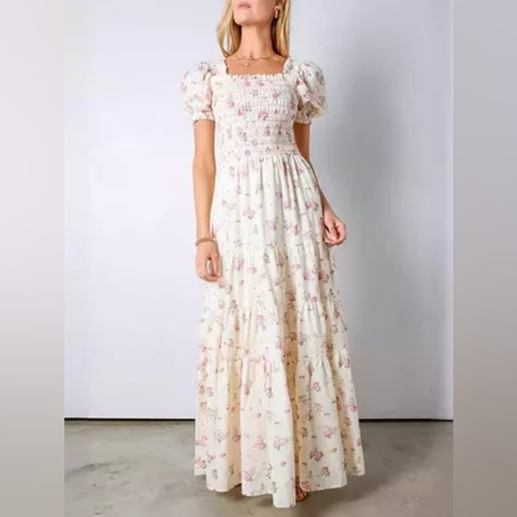 Storia Floral Print Maxi Dress With Puffed Sleeves Apricot - Picture 2 of 9